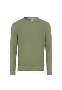 Grüner Strickpullover mit langen Ärmeln, Rundhalsausschnitt und gerippten Bündchen. Verfügt über ein strukturiertes Muster und ein kleines Logoschild am Saum.