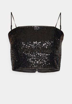 Black sequined crop top with thin adjustable straps, featuring a fitted design and a zipper closure at the back. Smooth inner lining.