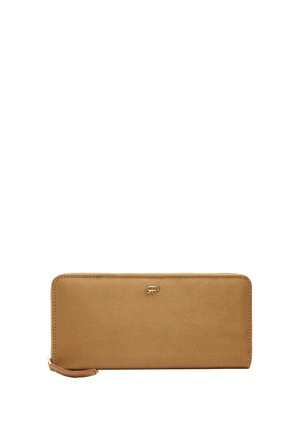 Prostokątny brązowy skórzany portfel na zamek błyskawiczny dookoła, z małym metalowym logo na środku z przodu i skórzaną zawieszką na suwak po lewej stronie.