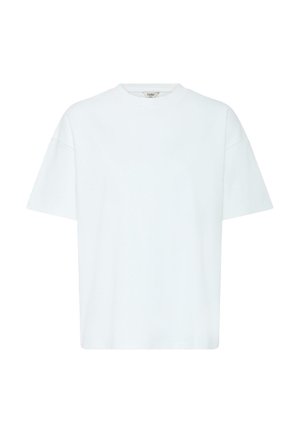 Tricou alb simplu, cu gât rotund și mânecă scurtă, cu croială lejeră, ușor supradimensionată, afișat pe un fundal alb.