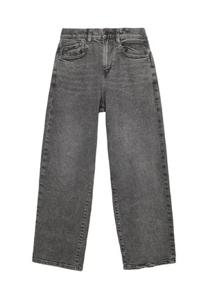 Sortvaskede vidde jeans med forlommer, bæltestropper, knaplukning og synlige syninger på hvid baggrund.