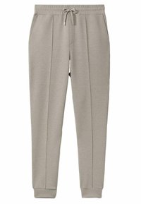 Pantaloni de trening gri deschis, confecționați dintr-un material moale, cu un brau elastic și șnur, buzunare laterale și manșete cu regelui.
