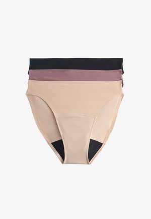 Trzy pary damskiej bielizny bikini w odcieniach beżu, purpury i czerni, starannie ułożone na białym tle.