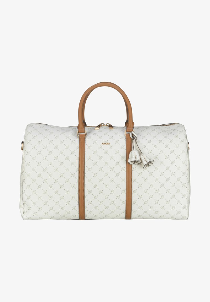 White leather duffel bag with tan accents, embossed pattern, two handles, gold hardware, and a decorative tassel. Zipper closure at the top.