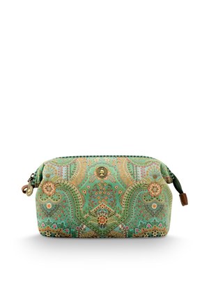 Patterned cosmetic pouch in green with floral and paisley designs. Features a zip closure and bronze hardware accents. Rounded shape.