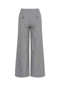 Gray wide-leg trousers with vertical pinstripes, featuring a high waist and two back pockets with buttons.