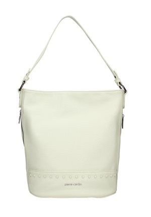 Sac à épaule en cuir blanc avec une finition texturée, poche latérale zippée et motif de points décoratif le long du bas. Doté d'une bandoulière robuste.