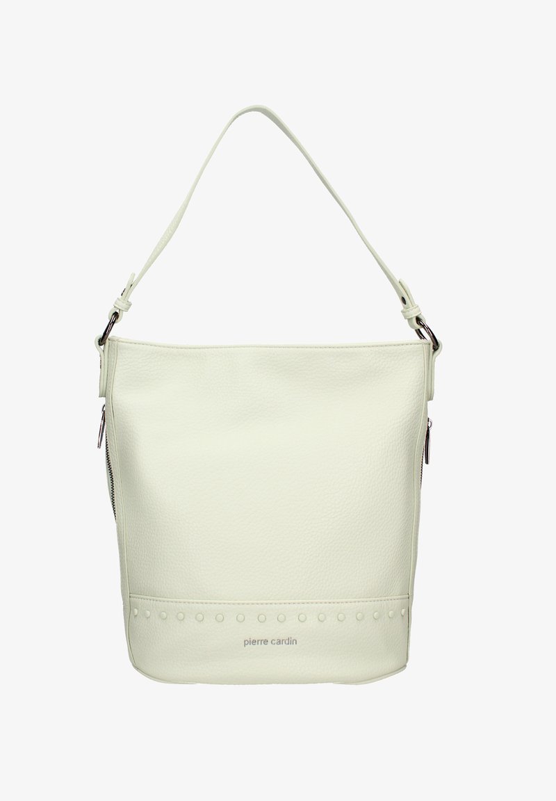 Borsa a spalla in pelle bianca con finitura testurizzata, tasca laterale con zip e motivo a pois decorativo lungo il fondo. Presenta una robusta tracolla.