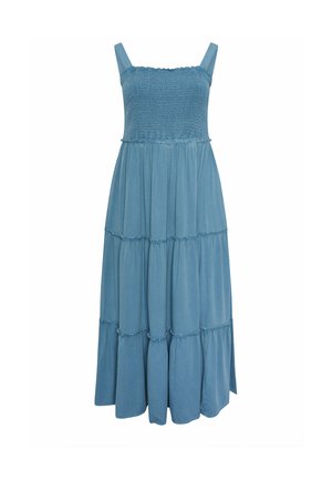 Blauwe mouwloze maxi-jurk met een gerimpelde lijfje en een gelaagde, geplooide rok, voorzien van brede schouderbanden en een vloeiende silhouet.