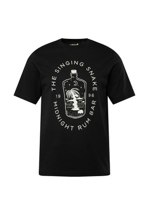 Černé bavlněné tričko s bílou grafikou láhve, na které je tropická scéna a text: "BAR MIDNIGHT RUM S PÍSŇOVÝM HADEM 1996."