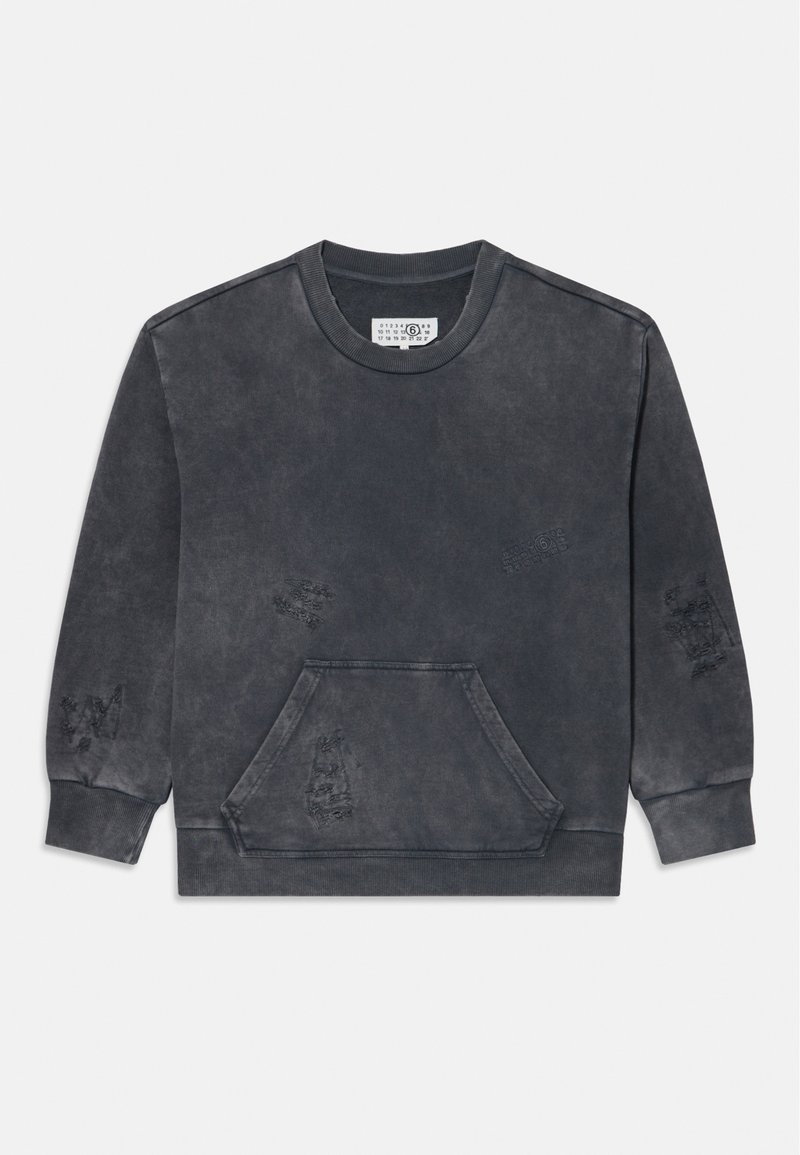 Σκούρο γκρι φούτερ με άνετη εφαρμογή, που διαθέτει μπροστινή τσέπη, φθαρμένες υφές και ριγέ μανίκια και λαιμό. Υλικό από μίγμα βαμβακιού.