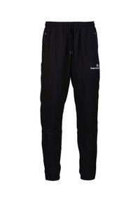 Zwarte sweatpants van zacht materiaal, met een elastische tailleband en een trekkoord, en een klein logo op de linkse heup. Tapered leg ontwerp.
