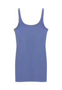 Débardeur violet clair à fines bretelles, en tissu lisse. Présente un design simple et ajusté avec un col arrondi et un ourlet droit.