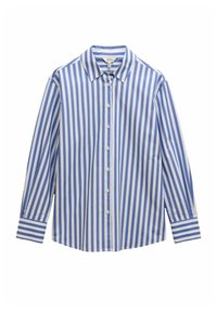 Button-up shirt with blue and white vertical stripes, long sleeves, and a collared neckline. Crafted from lightweight fabric.