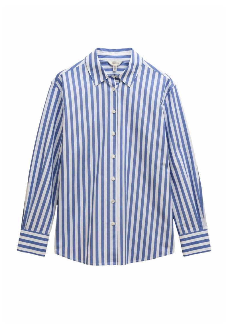 Button-up shirt with blue and white vertical stripes, long sleeves, and a collared neckline. Crafted from lightweight fabric.