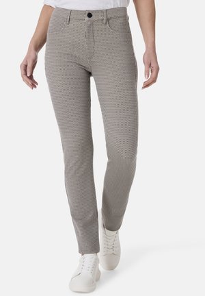 Schlanke Hose in einem grauen und weißen kleinen Punkte-Muster, mit einem Knopfverschluss und Fronttaschen, aus einem strukturierten Stoff gefertigt.