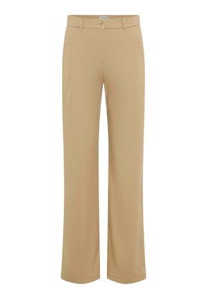 Beige, gerade geschnittene Hose mit Gürtelschlaufen, Knopf- und Reißverschluss vorne sowie Seitentaschen, auf weißem Hintergrund dargestellt.