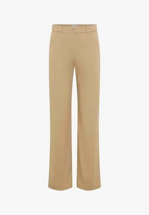 Beige, gerade geschnittene Hose mit Gürtelschlaufen, Knopf- und Reißverschluss vorne sowie Seitentaschen, auf weißem Hintergrund dargestellt.