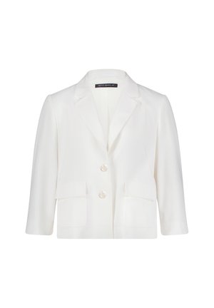 Blazer blanc pour femmes avec deux boutons, revers à encoche, manches longues et deux poches avant à rabat.