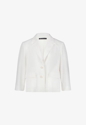 Blazer blanc pour femmes avec deux boutons, revers à encoche, manches longues et deux poches avant à rabat.