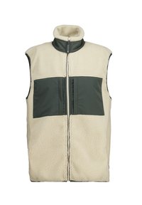 Fleece-Weste in Creme mit dunkelgrünen Stoffpaneelen; hoher Kragen, Front-Reißverschluss und strukturierte Oberfläche. Ohne Ärmel, kastige Form.