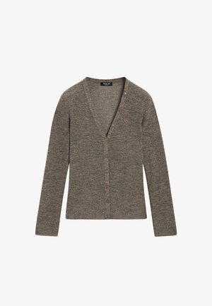 Brązowy dzianinowy kardigan z dekoltem w serek, zapinany na guziki z przodu, z długimi rękawami. Miękka faktura o subtelnym wzorze melanżowym.