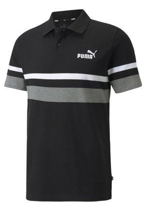 Czarna koszulka polo z krótkim rękawem z białymi, czarnymi i szarymi poziomymi paskami oraz białym logo Puma na lewej piersi.