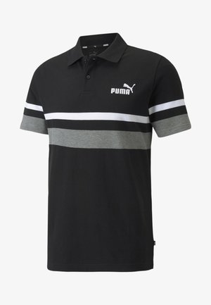 Polo negro de manga corta con rayas horizontales blancas, negras y grises y logo blanco de Puma en el pecho izquierdo.