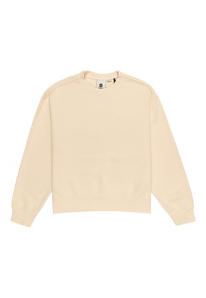 Sudadera de algodón beige con cuello redondo, mangas largas, puños y dobladillo de canalé. Presenta un sutil logotipo en relieve en la parte delantera.