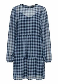 Kleid in Marineblau und Hellblau mit Karomuster, langen Ärmeln, runder Halslinie, geschichteter Optik und transparentem Stoff.