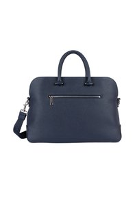 Pochette in pelle blu navy con due manici, tasca frontale con zip e tracolla removibile.