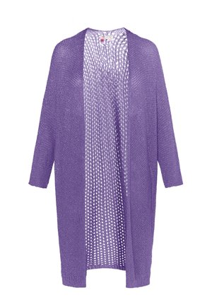 Lila gestrickte Strickjacke mit offenem Vorderteil, langen Ärmeln und lockerer Passform. Verfügt über eine atmungsaktive, offene Struktur im gesamten Material.