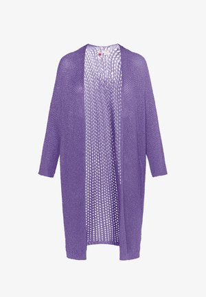 Fialový pletený cardigan s otvoreným predným dielom, dlhými rukávmi a voľným strihom. Obsahuje priedušný, otvorený vzor textúry po celom obvode.