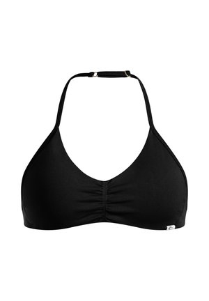 Schwarzer Bikini-Oberteil mit Halterneck-Design, geraffter Mittelnaht und verstellbaren Trägern. Hergestellt aus glattem, dehnbarem Material für zusätzlichen Komfort.