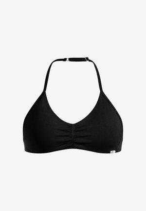 Zwarte bikini-top met halternekontwerp, geplooide centrale naden en verstelbare bandjes. Gemaakt van soepel, rekbaar materiaal voor comfort.