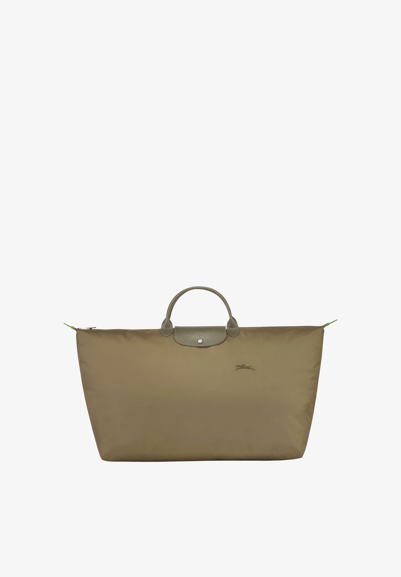 Beige nylon tote bag with dual top handles, leather accents, and a zip closure. Features a subtle logo and green zipper pull detail.