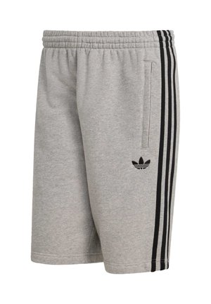 Gray athletic shorts with a textured fabric, elastic waistband, side pockets, and black three-stripe design along the sides. Features logo.