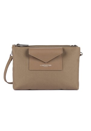 Sac bandoulière rectangulaire marron avec poche avant à rabat et fermeture éclair argentée, arborant le logo "LANCASTER PARIS" en blanc.