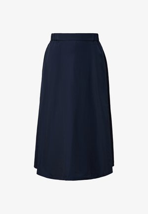 Donkerblauwe, knielange A-lijn rok met een aangesloten taille en gladde stof, weergegeven tegen een witte achtergrond.