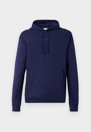 Mörkblå långärmad hoodie med framficka, dragsko för huva och diskret präglad GAP-logotyp på bröstet.