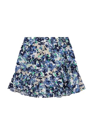Floral printed mini skirt with blue, navy, green, and beige colors, featuring ruffled hem and wrap-style front detail.