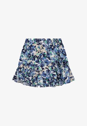 Mini-jupe imprimée fleurie bleu, marine, vert et beige, avec un ourlet volants et un détail devant style portefeuille.
