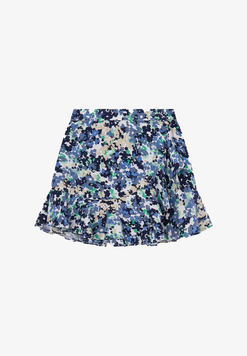 Mini-jupe imprimée fleurie bleu, marine, vert et beige, avec un ourlet volants et un détail devant style portefeuille.