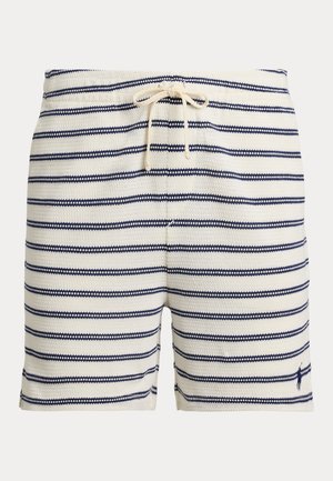 Ψηλόμεσο μαγιό βερμούδα με ρίγες σε κρεμ και ναυτικό μπλε, με υφασμάτινη υφή, κορδόνι στη μέση και μικρό λογότυπο στο κάτω μέρος.