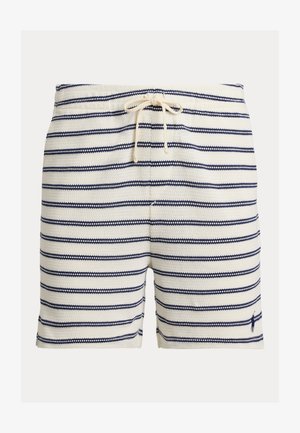 Svītrains peldšortu sieviešu modelis krēmkrāsā un tumši zils, ar austu tekstūru, auklu viduklī un mazu logotipu uz apakšējās malas.