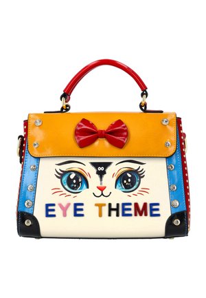 Borsa colorata con illustrazione di volto di gatto, grandi occhi blu, fiocco rosso sulla patta gialla e testo "EYE THEME" in lettere multicolori.