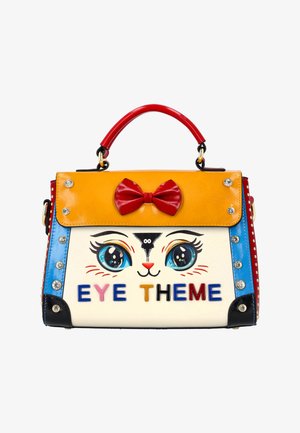 Barevná kabelka s ilustrací obličeje kočky, velké modré oči, červená mašle na žlutém klopu a text "EYE THEME" v pestrých barvách.