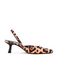 Décolleté con stampa leopardo, tacco a slitta, punta affusolata, dettagli neri e tacco corto e spesso. Realizzato in materiale testurizzato arancione e nero.