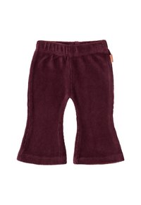 Burgunderfarbene Cord-Hose mit Schlag, elastischem Bund und genähten Details. Weicher Stoff, weite Beinöffnungen und ein kleines Etikett an der Seite.