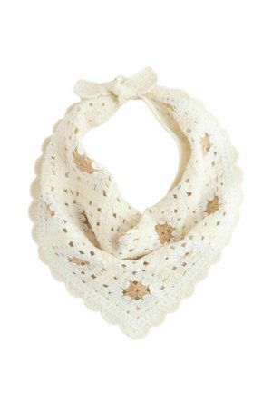 Krém színű horgolt bandana bézs csillagmintákkal és recézett szegéllyel, fent masnira kötve.